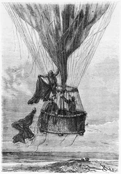 Três homens em uma gôndola, ilustração de &39;Cinco semanas em um balão&39; por Jules Verne (1828-1905)
